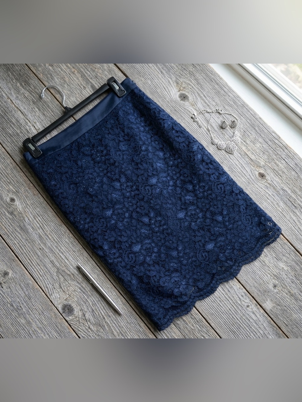 The Limited Navy Blue Floral Lace Pencil Skirt